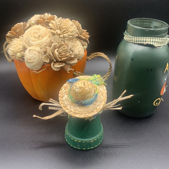 Fall Autumn Decor Hand Painted Jar Terra Cotta Scarecrow Wood Flower Pumpkin Pot - Picture 3 of 4